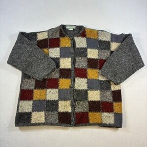 Vintage Crana of Donegal Irish Wool Patchwork Cardigan Sweater Multicolor Grey